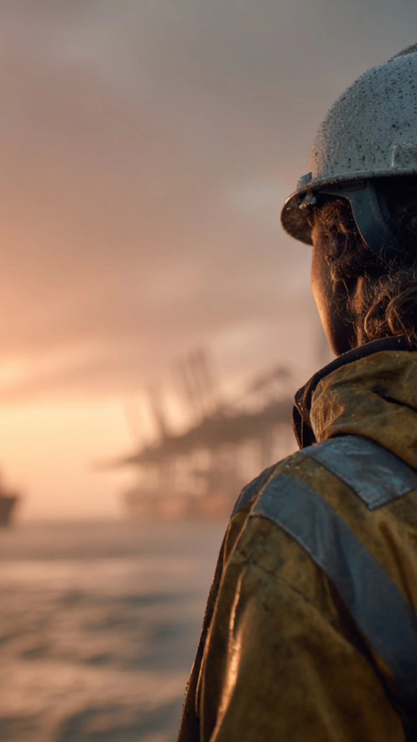 Mariner at the rail of a working ship looking out at a harbor at sunrise