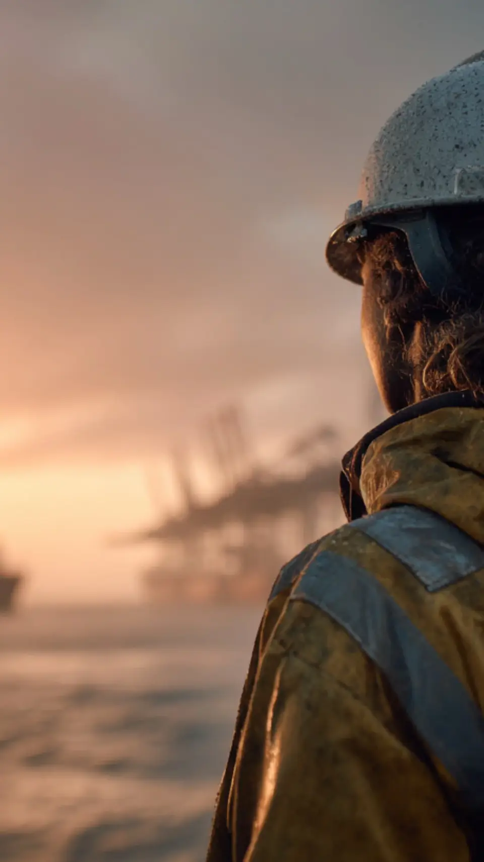 Mariner at the rail of a working ship looking out at a harbor at sunrise